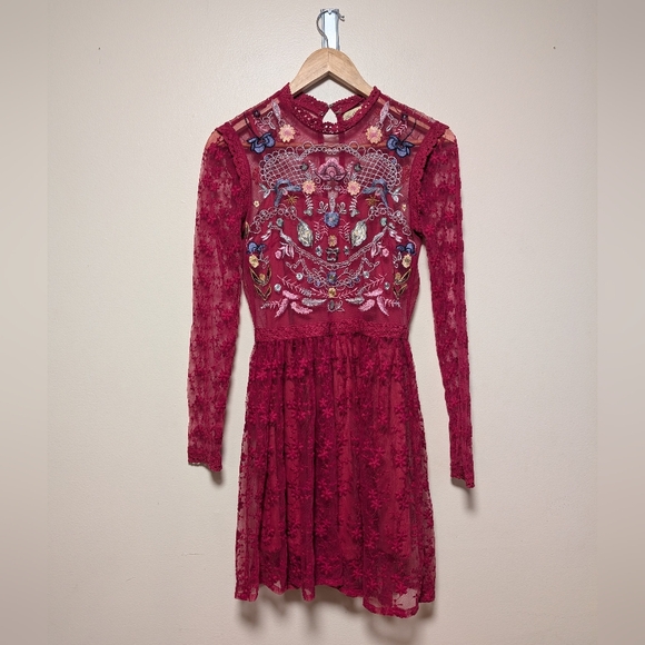 Frock and Frill Burgundy Embroidered Mesh Dress - Size 8 - Picture 1 of 9